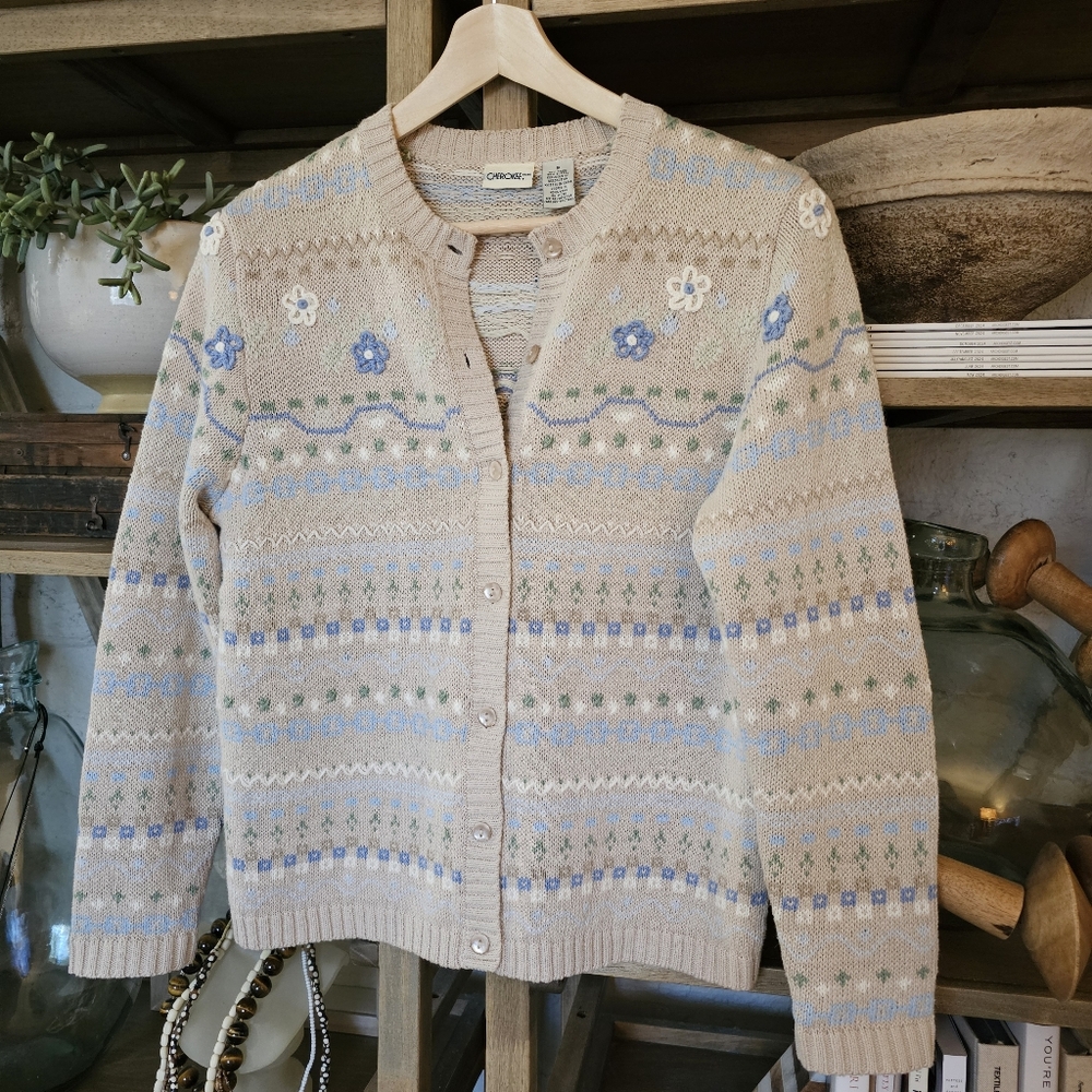 Vintage 90's Cottagecore Granny Cardigan Tan Sage Blue Crochet Floral Embroidery - Picture 7 of 9